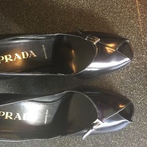 Prada Black Leather Peep-Toe Heels